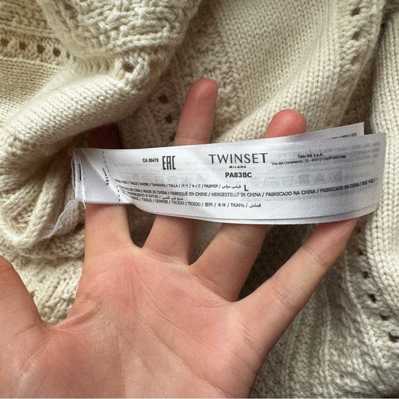 TWIN-SET MILANO KNITTED WOOL SWEATER WITH "V" NECKLINE FRINGE HEM CREAM- L - Picture 9 of 15